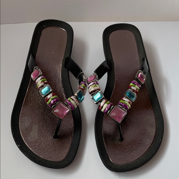 Grandco Shoes - Grandco Women’s Rainbow Embellished wedge Black Sandals. Size 10